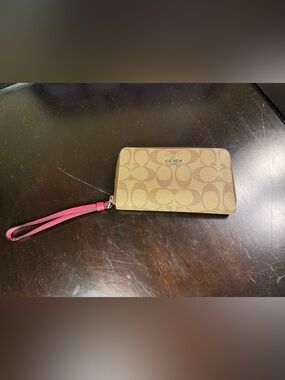 Coach Khaki Signature Zip Wristlet with Pink Strap